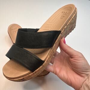 Crocs A-Leigh Black Leather Wedge Sandals